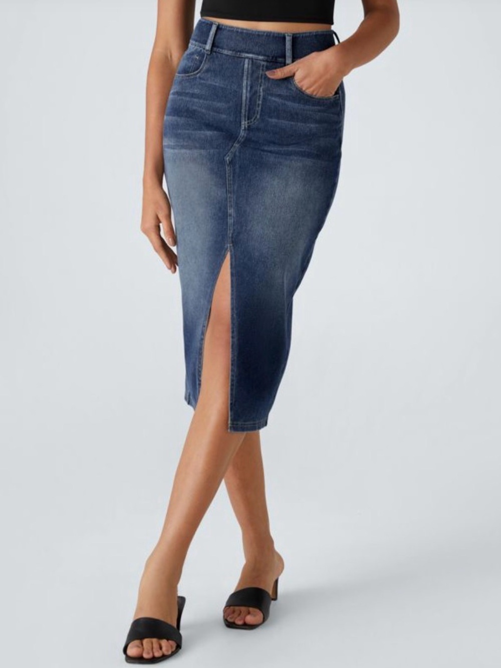 Halara Flex High Waisted Pockets Denim Midi Skirt Size Large Style 02757854